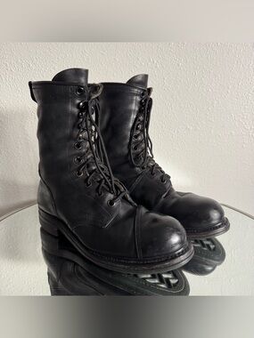 BILTRITE Vintage Black Leather Steel Toe Lace Up Moto Army Combat Boots